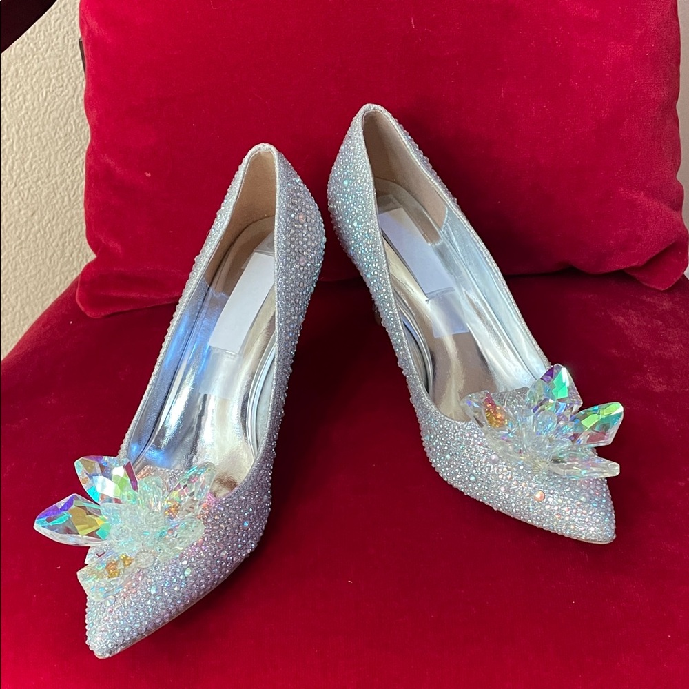 Beautiful Jewel -Embellished Silver Pointed-Toe Pumps
